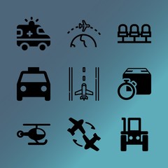 Vector icon set about transport with 9 icons related to land, brand, technology, audience, luggage, glamour, aircraft, city, building and siren