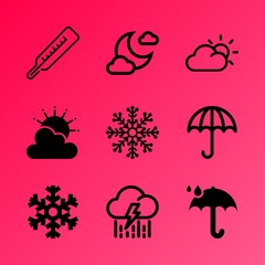 Vector icon set about weather with 9 icons related to temperature, backdrop, indicator, thunder, sphere, measure, sunny, silhouette, wind and merry