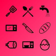 Vector icon set about kitchen with 9 icons related to button, flat, pastry, seed, concept, grilled, serving, crust, boiled and water