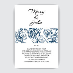 Vector illustration sketch - card with flowers chrysanthemum, peony. Wedding invitation with flower.