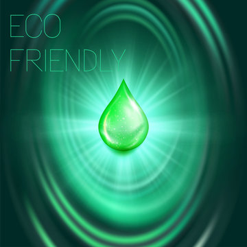 Eco Friendly Oil Drop On The Shining Highlights Background For Beauty Product Advertising. Skin Care Green Essence, Natural Precious Liquid Cream Substance Presentation With Glowing Luxurious Circles.