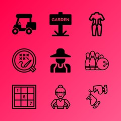 Vector icon set about hobby with 9 icons related to kid, growing, black, lane, training, nature, board, answer, mask and cotton