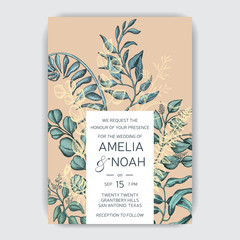 Banner with flowers end leafs. Wedding invitation succulent and eucalyptus.