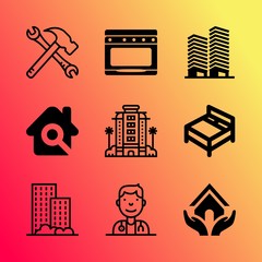 Vector icon set about home with 9 icons related to king-size, cereal, decor, industry, bedroom, bowl, vegetable, vitamin, mortgage and baking