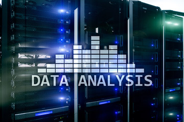 Big Data analysis text on server room background. Internet and modern technology concept.