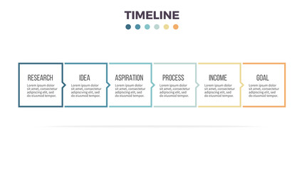 Business infographics. Timeline with 6 steps, options, squares. Vector template. Editable line.
