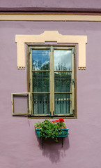 Old medieval window from a house with an exterior opening on a beautiful violet wall with a flower pot