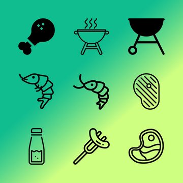 Vector icon set about barbecue with 9 icons related to sea, rosemary, eat, dish, protein, chili, tomato, spice, seafood and collection
