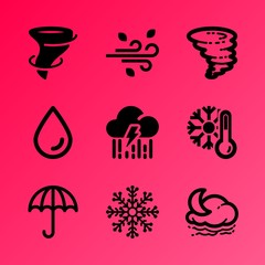 Vector icon set about weather with 9 icons related to cloudy, cloud, natural, electric, number, xmas, green, render, snowflake and catastrophic