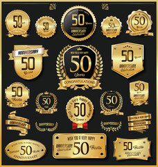 Anniversary retro vintage golden badges and labels vector 50 years - obrazy, fototapety, plakaty