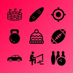 Vector icon set about fitness and sport with 9 icons related to young, white, helmet, alley, marketing, action, fishing, fast, wheel and style