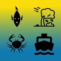 Vector icon set about sea with 4 icons related to meat, tree, restaurant, steamed, wind, aquarium, vessel, eyes, nautical and storm