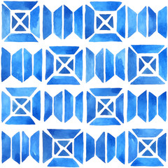 Watercolor hand painted abstract geometric tile. Seamless pattern in blue