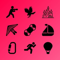 Vector icon set about fitness and sport with 9 icons related to protection, city, gear, skating, men, air balloon, retro, raptor, glider and orange