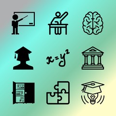 Vector icon set about education with 9 icons related to science, classroom, stack, poster, schoolchild, picture, teddy, culture, brainstorm and cap