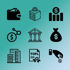 Vector icon set about bank with 9 icons related to red, profit, complex, investing, wallet, elegant, skyline, web, deposit and industry