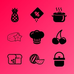 Vector icon set about food with 9 icons related to seeds, occupation, sweet, slice, bakery, juice, hand, natural, design and shape
