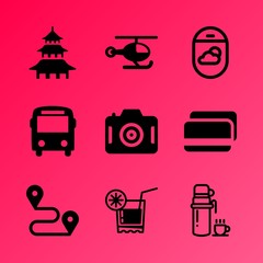 Vector icon set about travel and tourism with 9 icons related to retail, bottle, citrus, pilot, sea, lime, person, color, pay and gps
