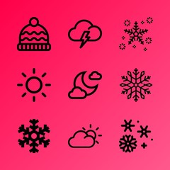 Obraz premium Vector icon set about weather with 9 icons related to cartoon, isolated, blue, cute, cosmos, woolen, crystal, pattern, thread and element