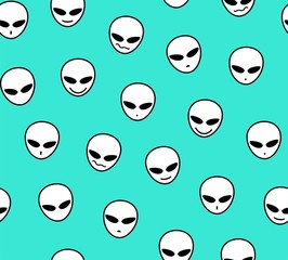 Aliens, seamless pattern, turquoise, different emotions, vector. White faces of aliens on a turquoise field. Vector image. Decorative seamless pattern.  