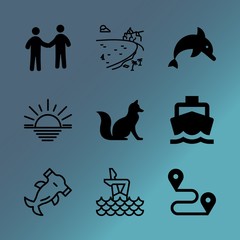 Vector icon set about sea with 9 icons related to natural, animals, fin, dolphin, scenic, danger, relax, jumping, cloud and young
