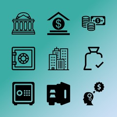 Vector icon set about bank with 9 icons related to architecture, chart, strength, skyline, exterior, pictogram, paper, credit, text and vector