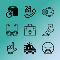 Vector icon set about medicine with 9 icons related to support, optical, recovery, square, broken, white, headache, emergency, arm and optometry