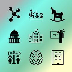 Vector icon set about education with 9 icons related to schoolchildren, medicine, bookshelf, schoolboy, micro, pictogram, cover, architecture, childhood and daycare
