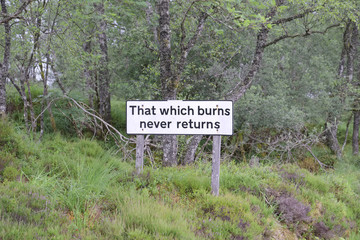Fire wood forest woodlands highlands sign that which burns never returns Scotland wilderness uk