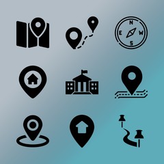 Vector icon set about location with 9 icons related to locate, famous, character, signboard, icon, old, office, student, app and isolated