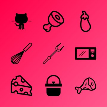 Vector icon set about kitchen with 9 icons related to tree, cutlery, beater, cute, abstract, vegan, outline, stainless, house plant and young
