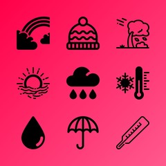 Vector icon set about weather with 9 icons related to crystal, ice, abstract, season, waterfall, freshness, application, travel, pine and magic