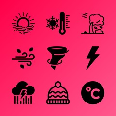 Vector icon set about weather with 9 icons related to crystal, cloudscape, symbol, snowflake, software, electric, globe, fluffy, voltage and light