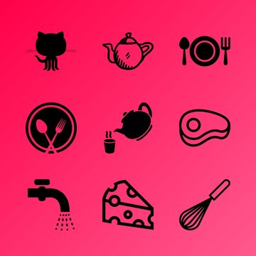 Vector icon set about kitchen with 9 icons related to pork, swiss, gourmet, beefsteak, porcelain, group, machine, delicatessen, electronic and drop