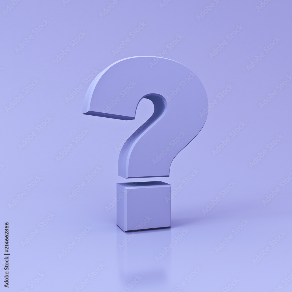 Poster purple question mark on light violet color background with reflection and shadow 3d rendering