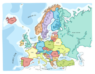 Colorful hand drawn vector map of Europe - obrazy, fototapety, plakaty