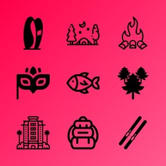 Vector icon set about travel and tourism with 9 icons related to mist, active, traveler, logo, forest, art, house, sleeplessness, heat and retro