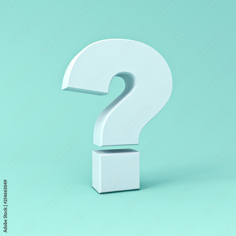 Poster question mark on blue green pastel color background with shadow 3d rendering