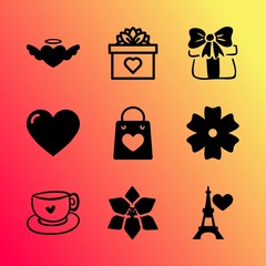 Vector icon set about love with 9 icons related to open, background, birthday, feelings, flying, feather, halo, tourism, design and wedding