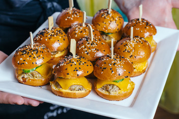 Mini chicken burgers on white plate.