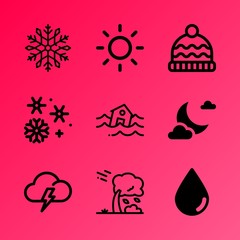 Vector icon set about weather with 9 icons related to plant, greeting, cloudy, round, blizzard, sunshine, hurricane, red, lightning and shiny