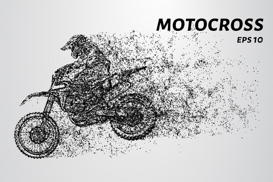Motocross of particles. Motocross consists of circles and dots. Motorcycle racer on dark background