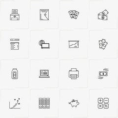 Accountant line icon set with laptop, money and calculator buttons