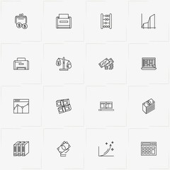 Accountant line icon set with printer, folders and calculator