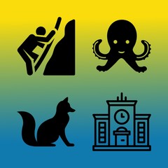 Vector icon set about sea with 4 icons related to texture, urban, stadium, vector, water, cat, strength, fox, silhouette and building
