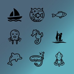 Vector icon set about sea with 9 icons related to symbol, full length, red, squirrel, fresh, vintage, vacation, squid, isolated on white and art