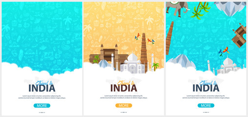 Obraz premium Set of India travel banners. Indian Hand drawn doodles on background. Vector illustration.