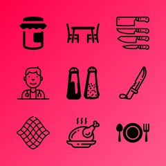 Vector icon set about kitchen with 9 icons related to mineral, cut, metal, chef, orange, food, clean, drink, snack and jam
