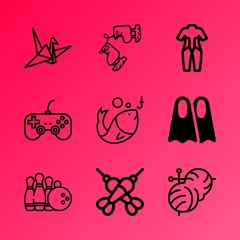Vector icon set about hobby with 9 icons related to outdoor, pool, ice, center, symbol, education, sea, japan, sportswear and decoration