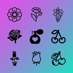 Vector icon set about flowers with 9 icons related to dessert, retro, beautiful, decoration, health, japan, daffodils, frame, light and perfume bottle